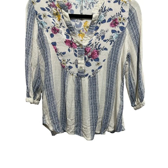 Figueroa And Flower Peasant Top Womens Petite Medium Floral Striped‎ Short Boho - Picture 4 of 10